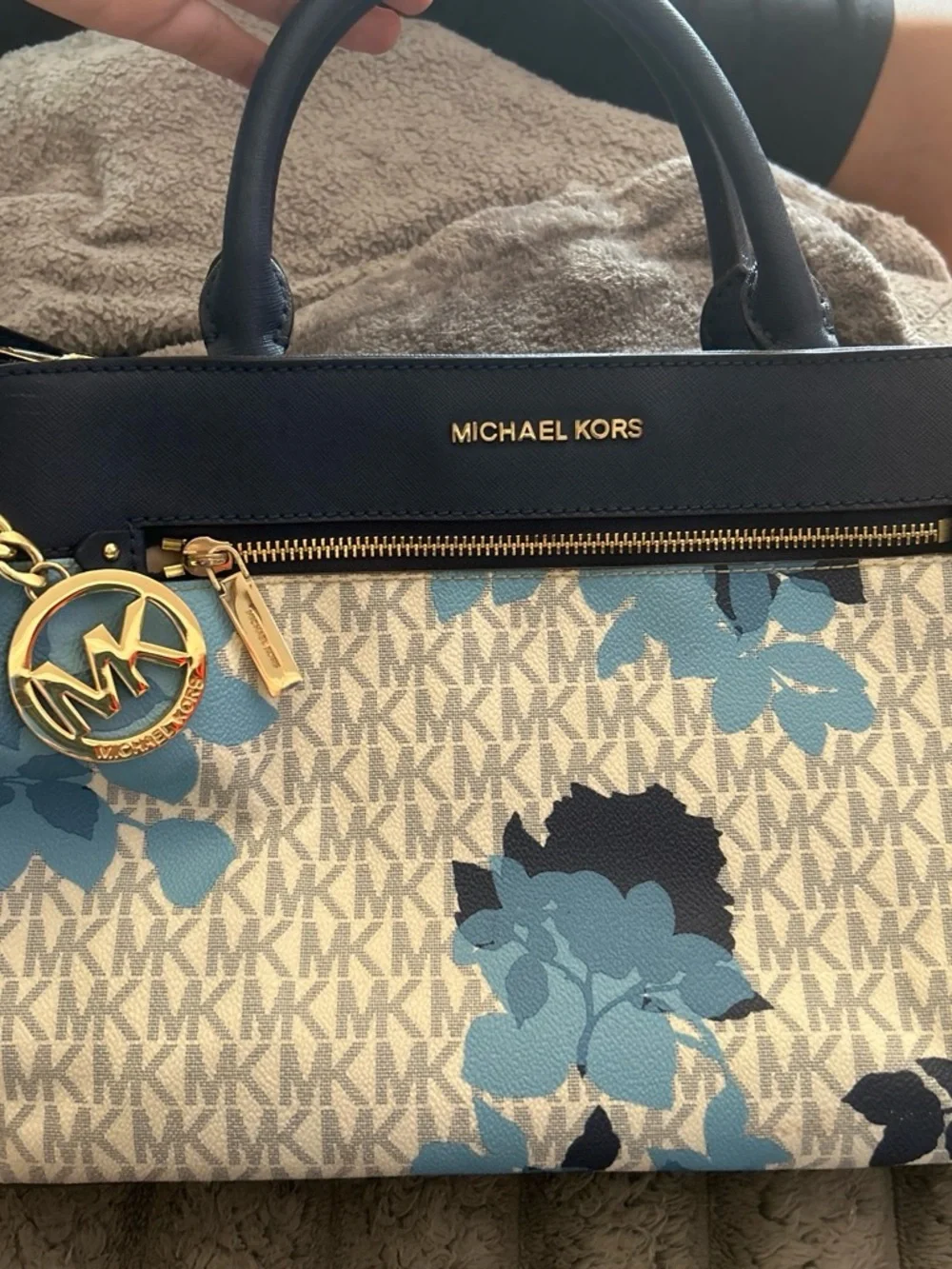 Michael Kors Blue Floral Signature Canvas Zip Tote with Gold Charm